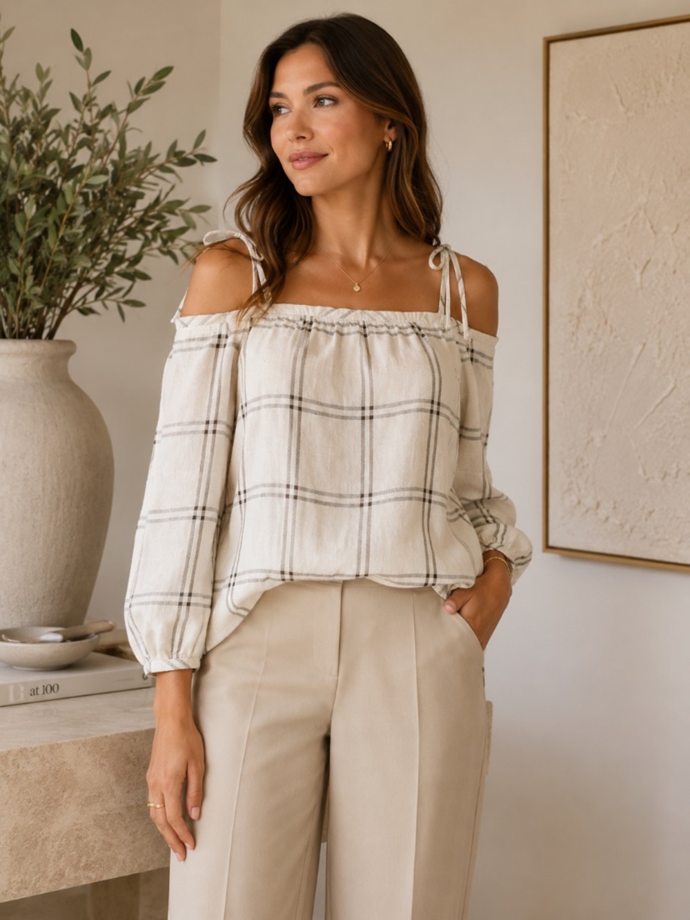 Nordstrom Collection Linen Plaid Cold Shoulder Top Quiet Luxury Boho NWT $229 S